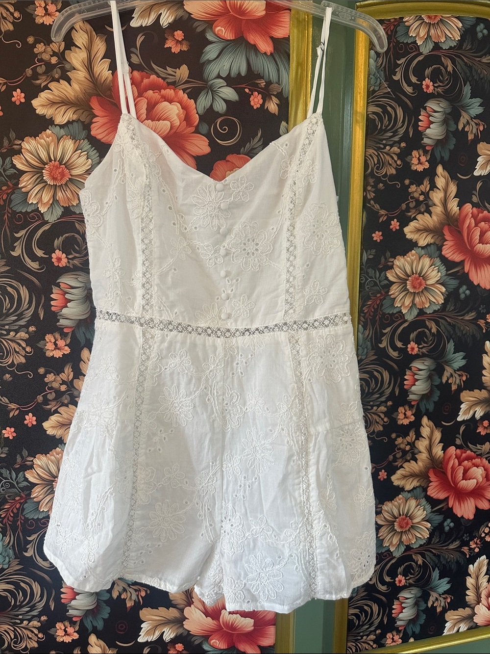 White Eyelet Lace Romper with Spaghetti Straps and back smocking. NWT